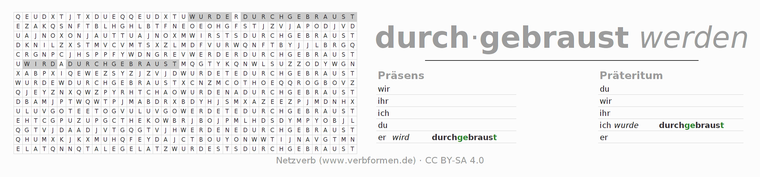 Wortsuchrätsel für die Konjugation des Verbs durch-brausen (ist)