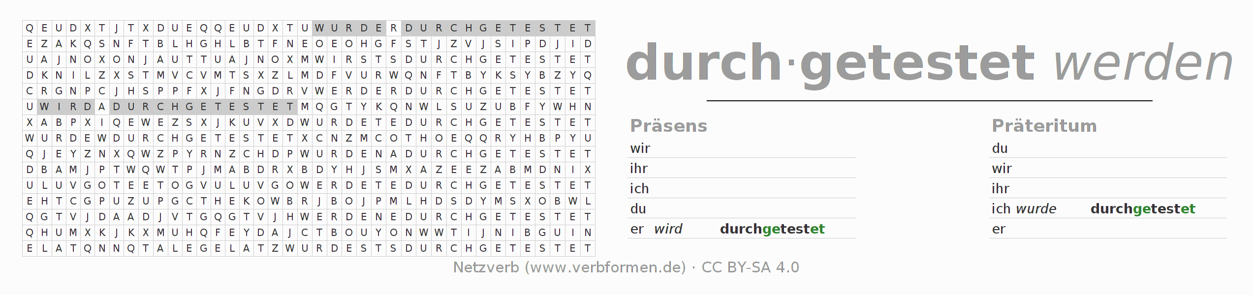 Wortsuchrätsel für die Konjugation des Verbs durchtesten