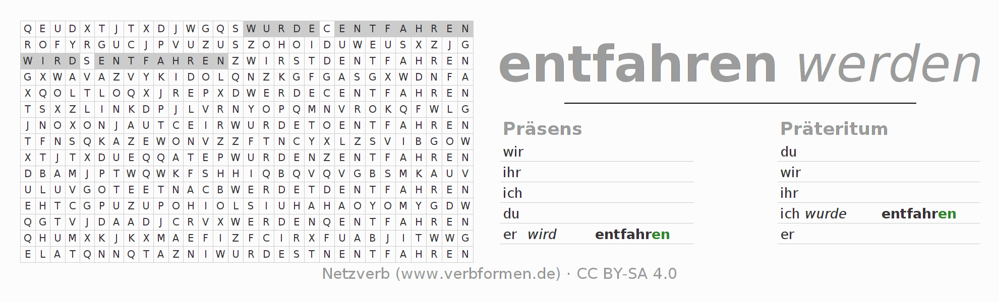 Wortsuchrätsel für die Konjugation des Verbs entfahren