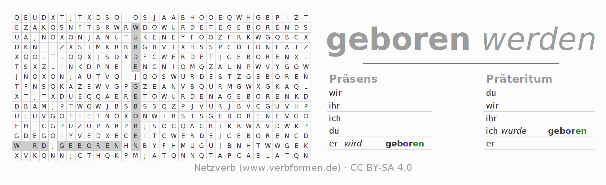Wortsuchrätsel für die Konjugation des Verbs gebären