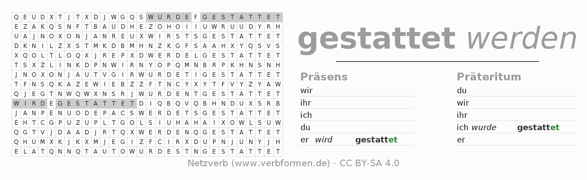 Wortsuchrätsel für die Konjugation des Verbs gestatten