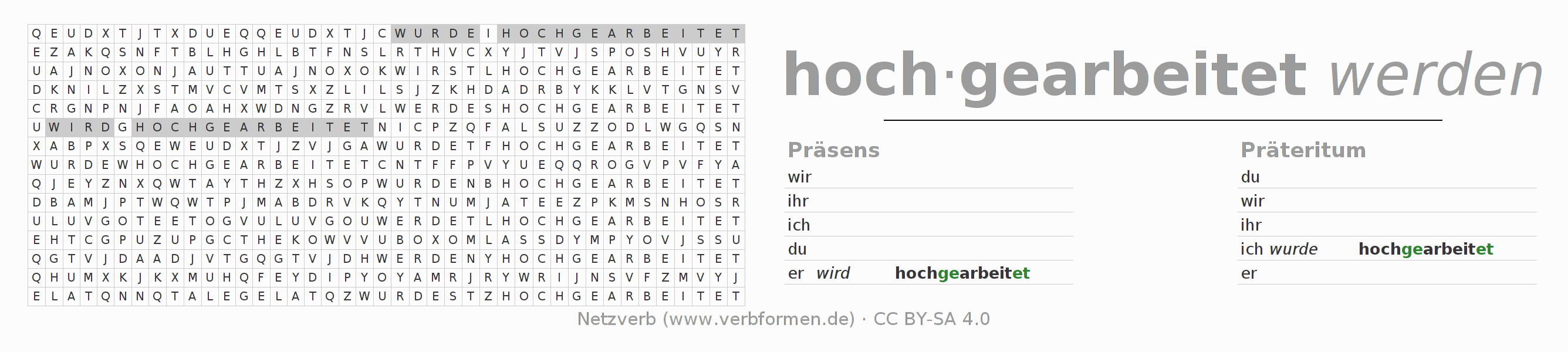 Wortsuchrätsel für die Konjugation des Verbs hocharbeiten