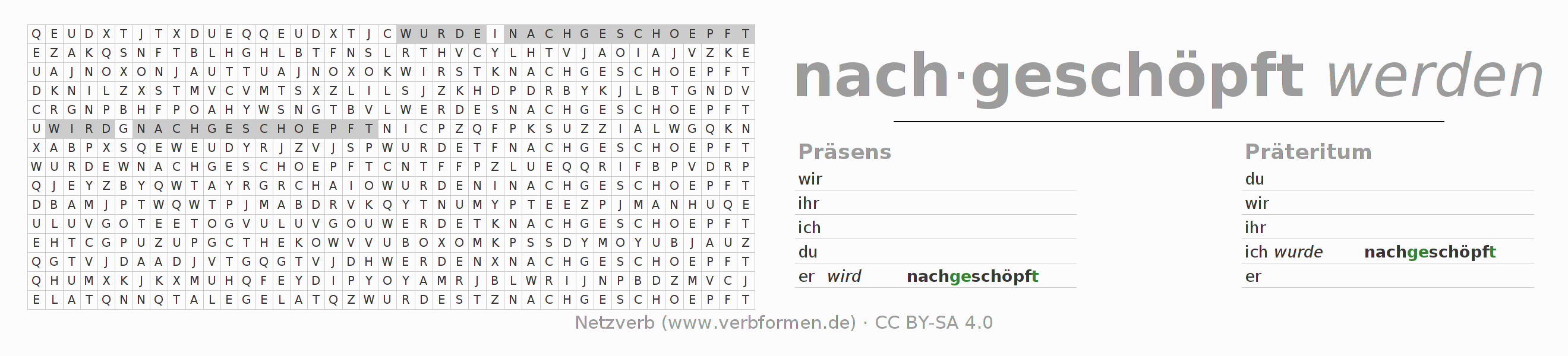 Wortsuchrätsel für die Konjugation des Verbs nachschöpfen