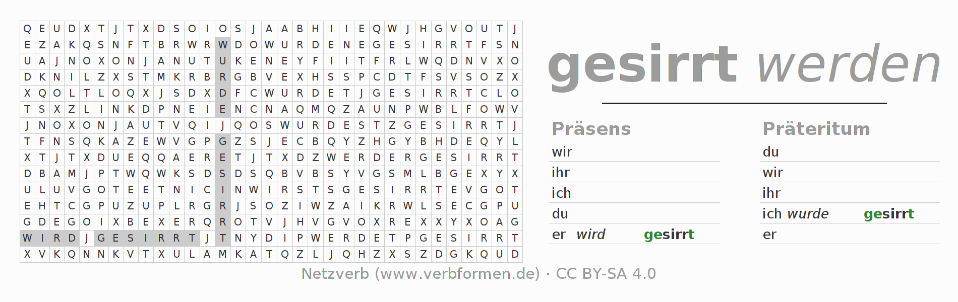 Wortsuchrätsel für die Konjugation des Verbs sirren (hat)