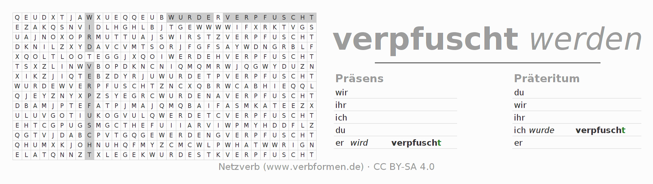 Wortsuchrätsel für die Konjugation des Verbs verpfuschen