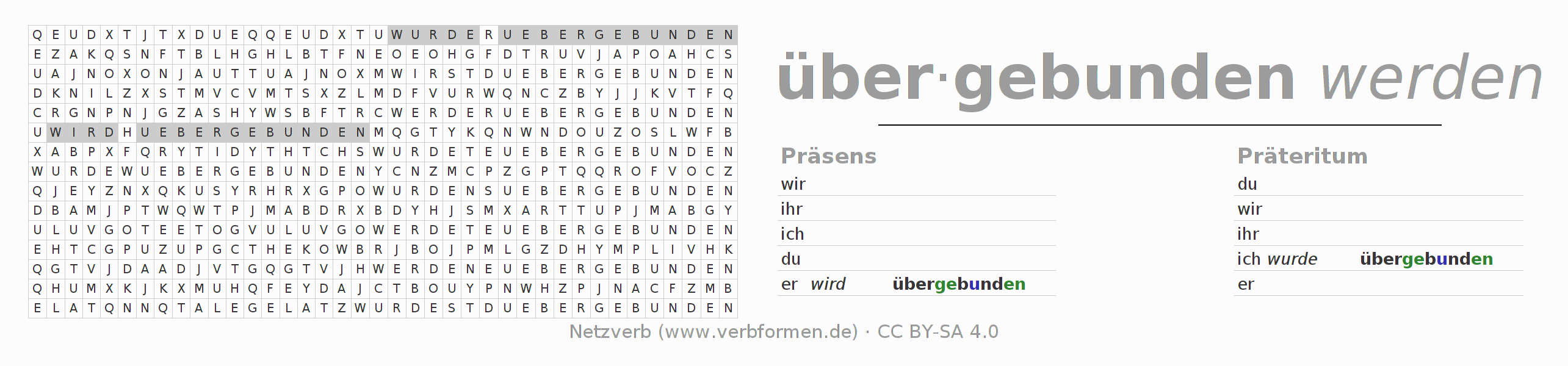 Wortsuchrätsel für die Konjugation des Verbs über-binden
