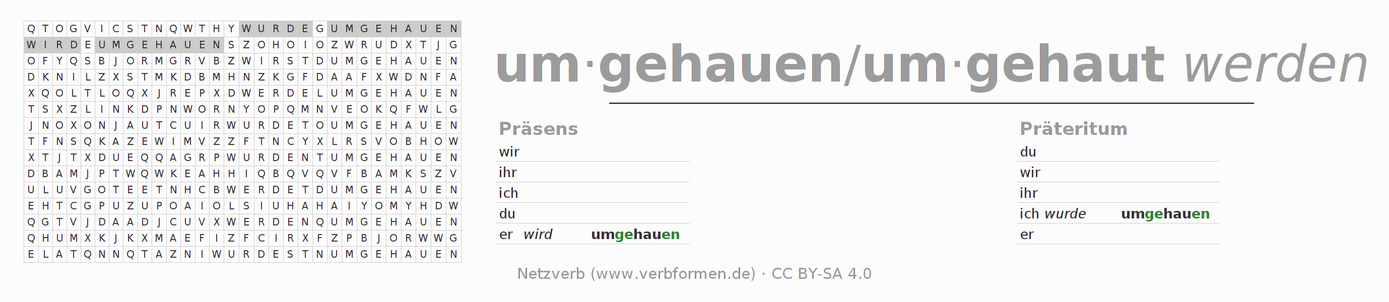 Wortsuchrätsel für die Konjugation des Verbs umhauen (regelm)