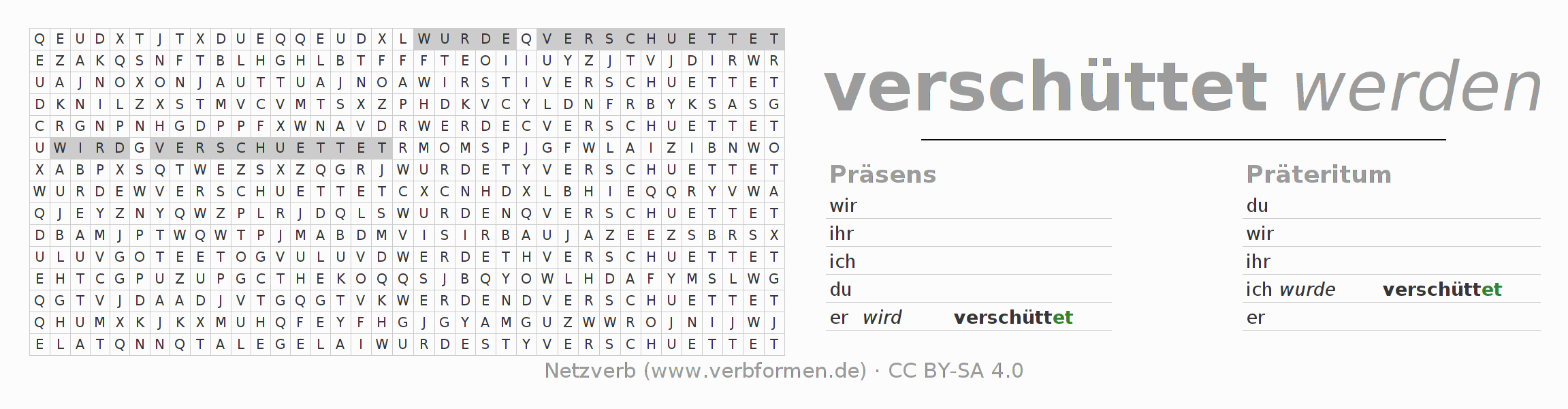 Wortsuchrätsel für die Konjugation des Verbs verschütten