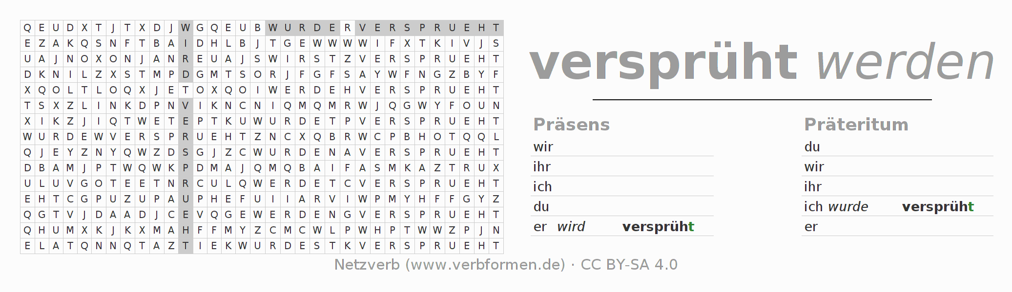 Wortsuchrätsel für die Konjugation des Verbs versprühen (ist)