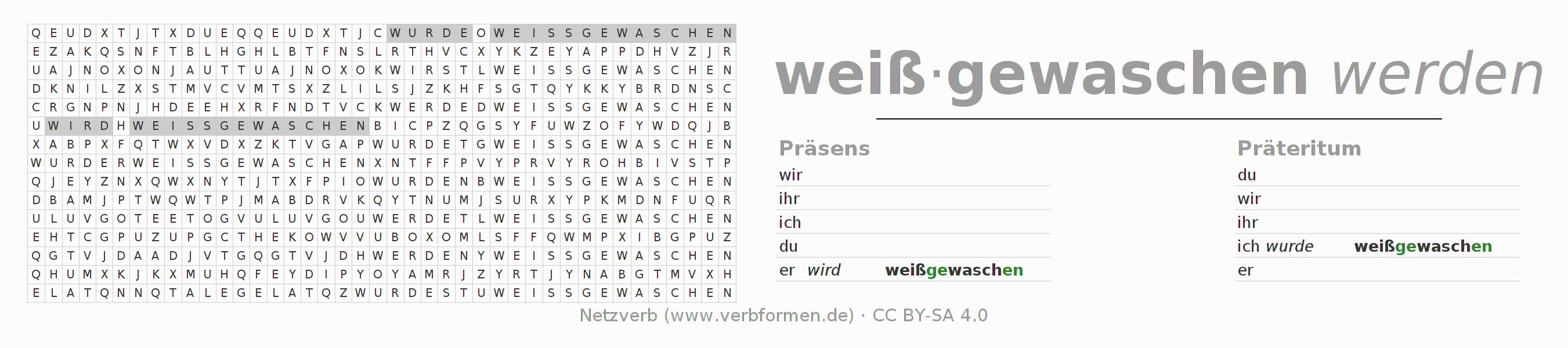 Wortsuchrätsel für die Konjugation des Verbs weißwaschen