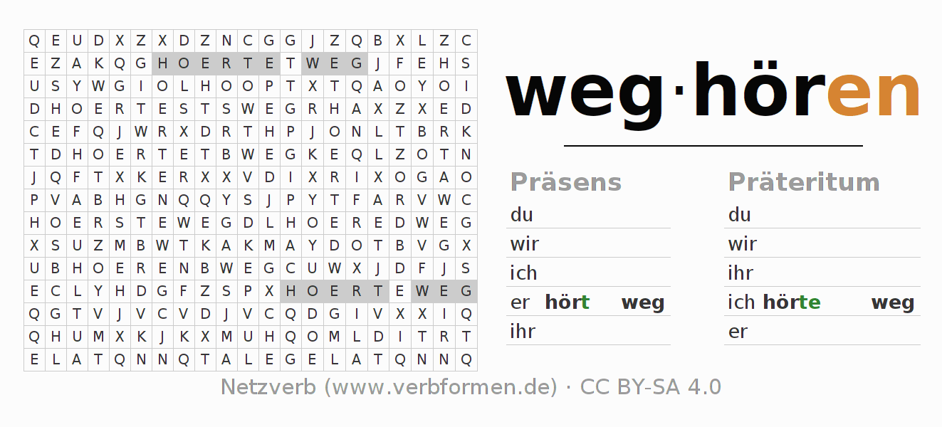 Wortsuchrätsel für die Konjugation des Verbs weghören