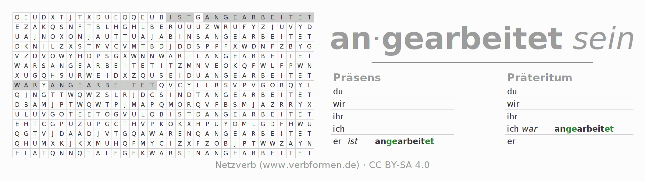 Wortsuchrätsel für die Konjugation des Verbs anarbeiten