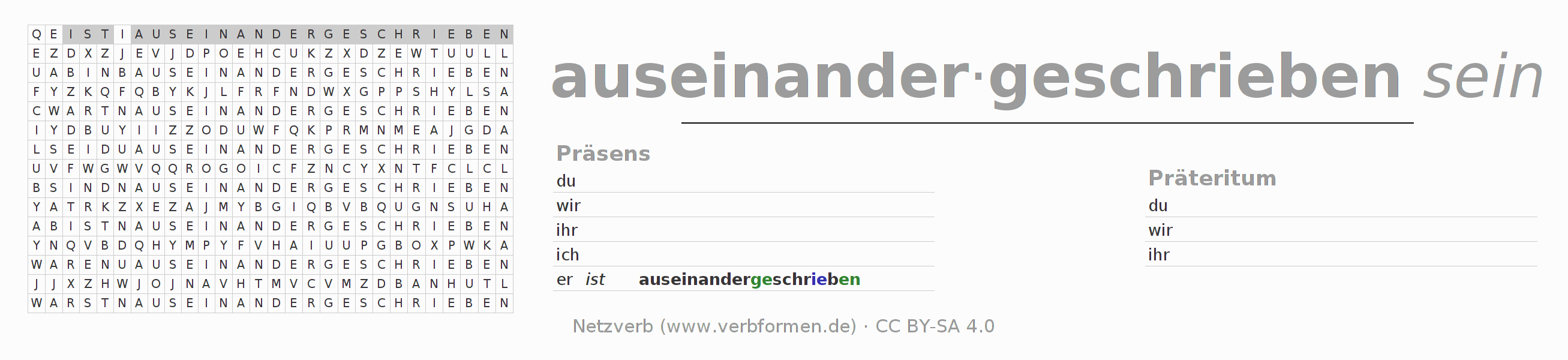 Wortsuchrätsel für die Konjugation des Verbs auseinanderschreiben