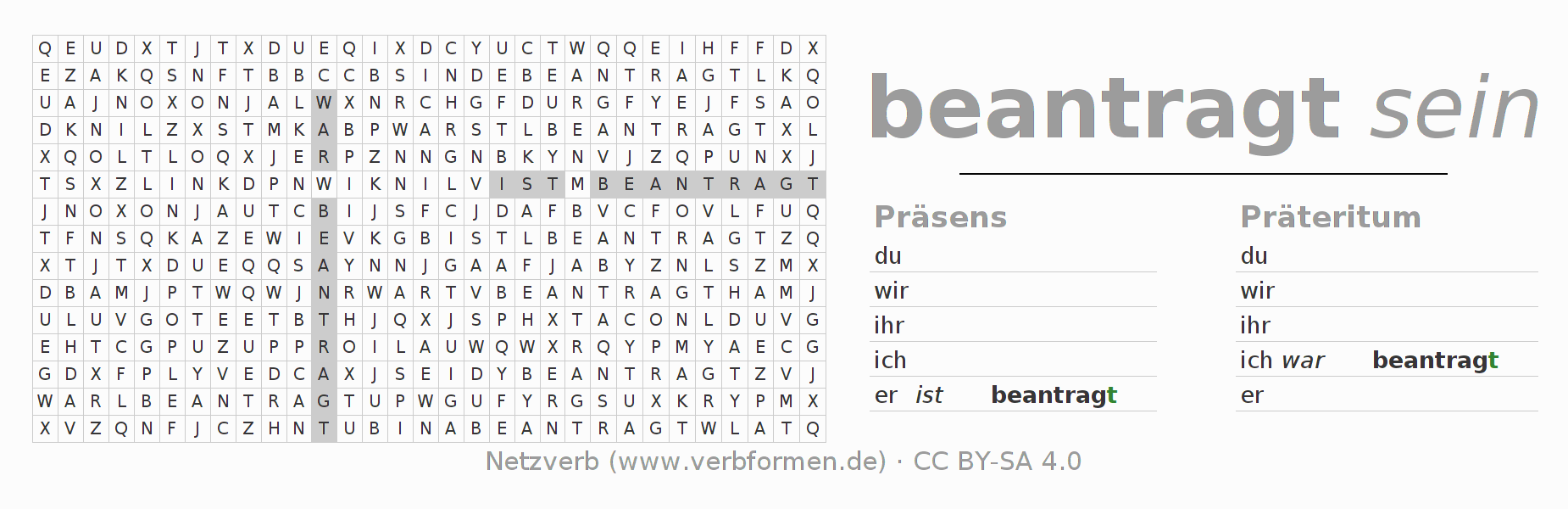 Wortsuchrätsel für die Konjugation des Verbs beantragen