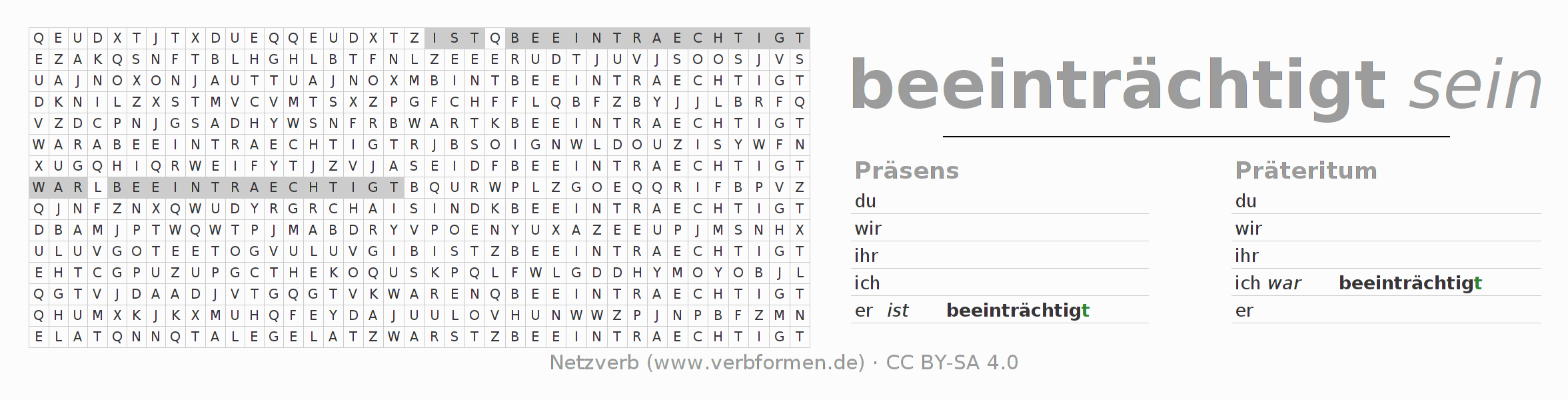 Wortsuchrätsel für die Konjugation des Verbs beeinträchtigen