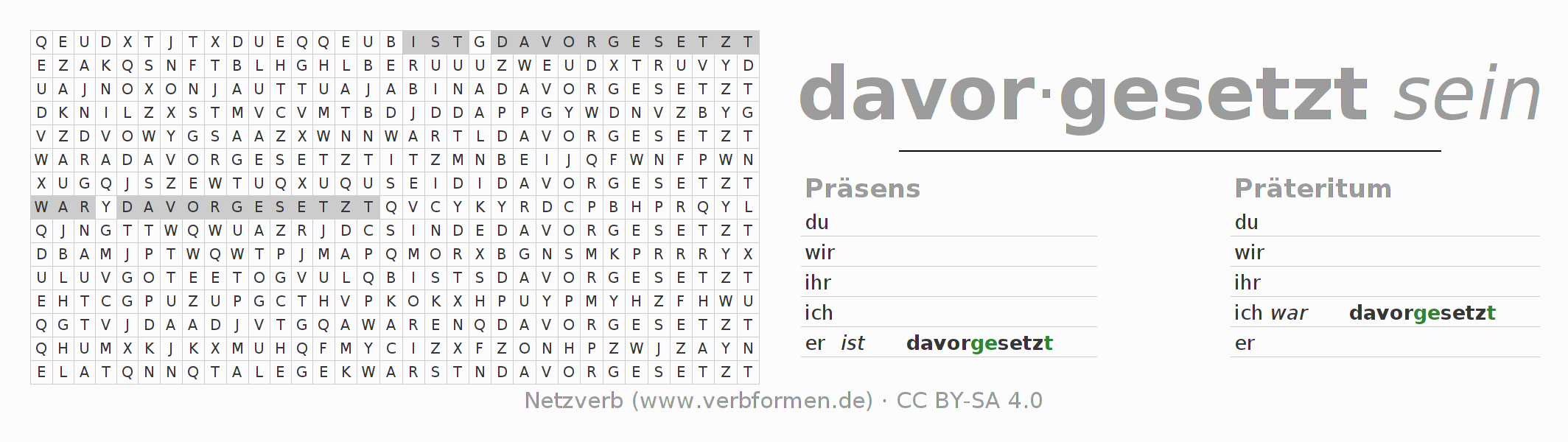 Wortsuchrätsel für die Konjugation des Verbs davorsetzen