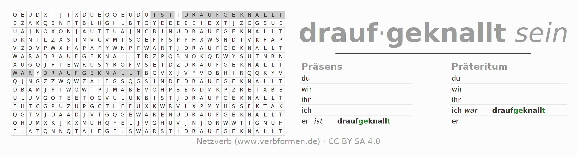 Wortsuchrätsel für die Konjugation des Verbs draufknallen