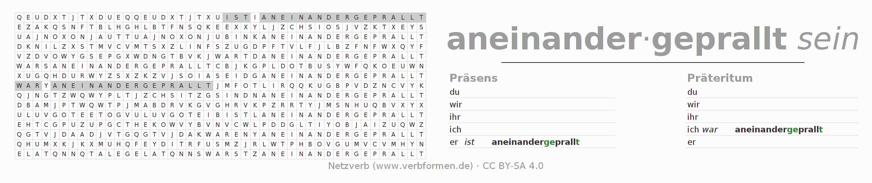 Wortsuchrätsel für die Konjugation des Verbs aneinanderprallen