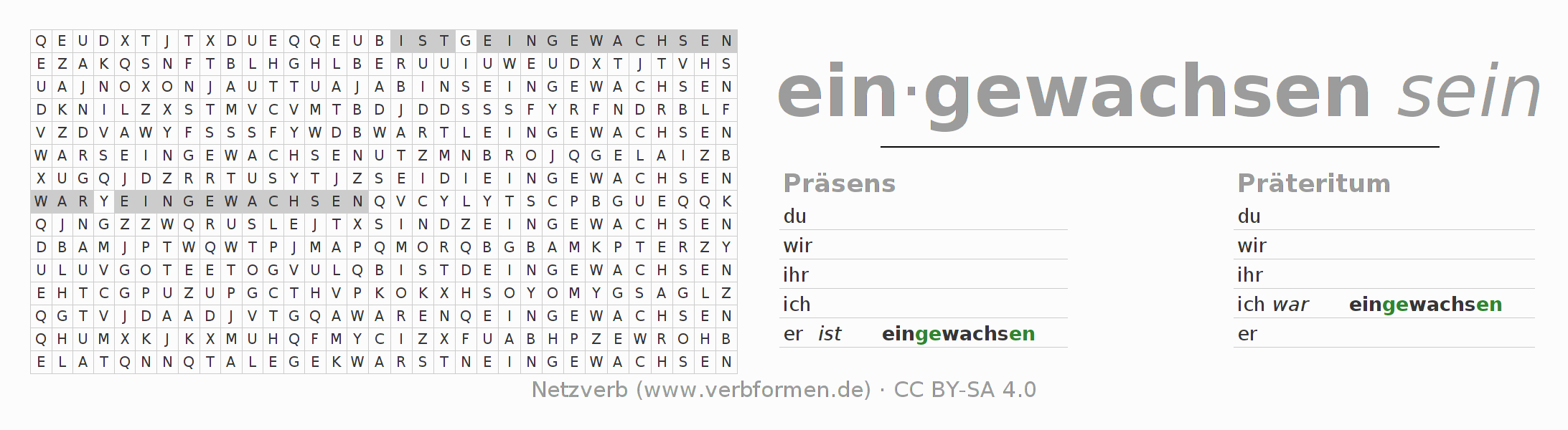 Wortsuchrätsel für die Konjugation des Verbs einwachsen (unr) (ist)