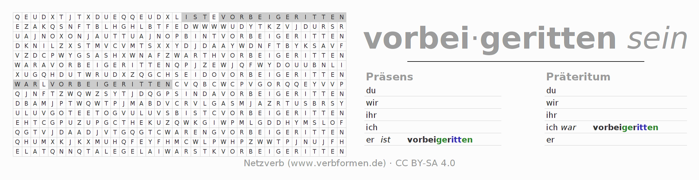 Wortsuchrätsel für die Konjugation des Verbs vorbeireiten