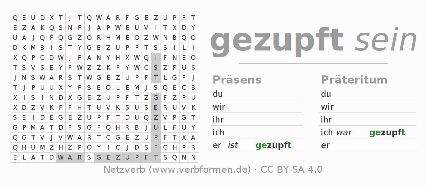 Wortsuchrätsel für die Konjugation des Verbs zupfen