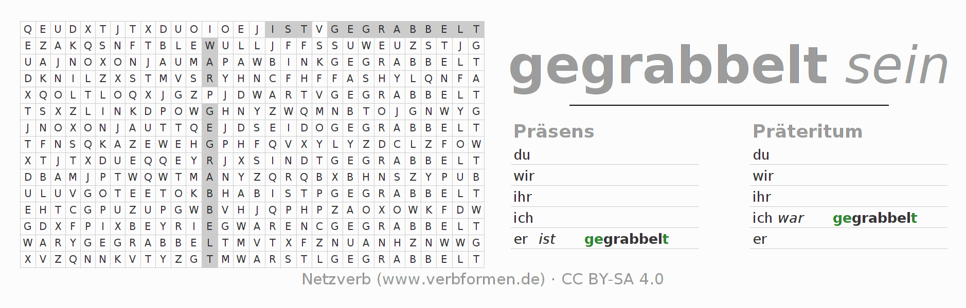 Wortsuchrätsel für die Konjugation des Verbs grabbeln