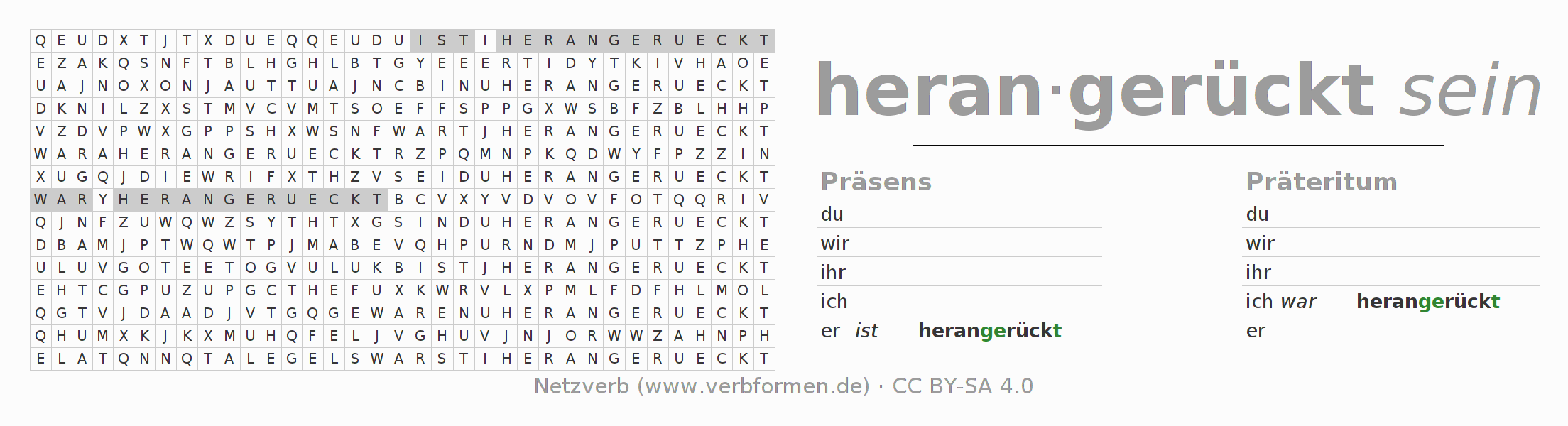 Wortsuchrätsel für die Konjugation des Verbs heranrücken (ist)