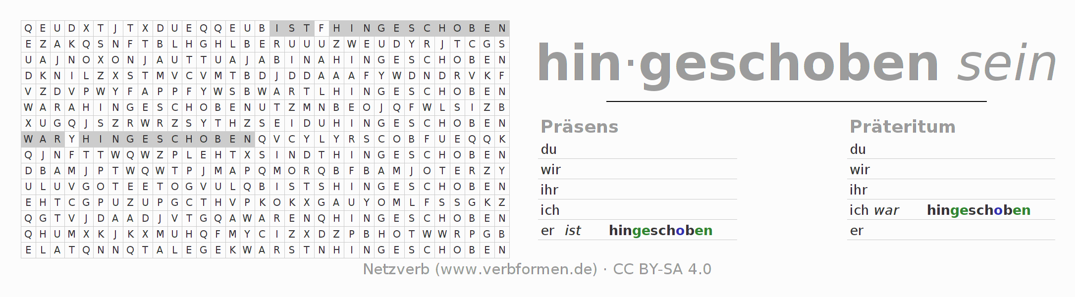 Wortsuchrätsel für die Konjugation des Verbs hinschieben