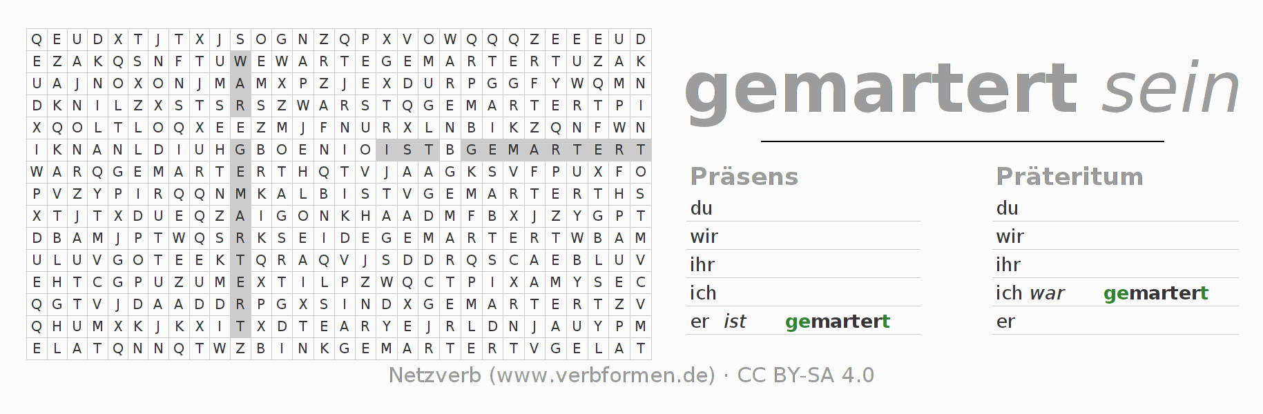 Wortsuchrätsel für die Konjugation des Verbs martern