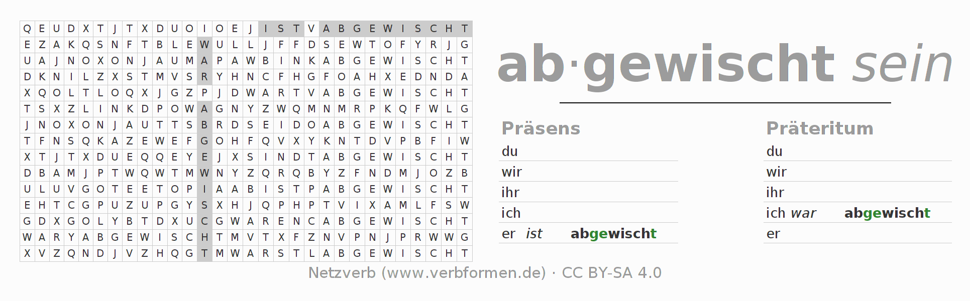 Wortsuchrätsel für die Konjugation des Verbs abwischen