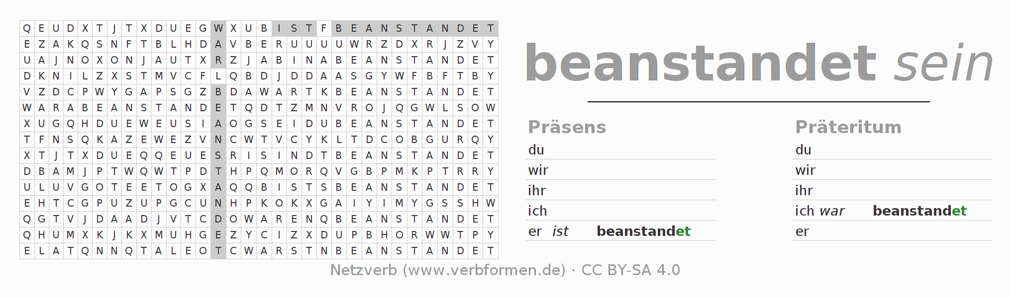 Wortsuchrätsel für die Konjugation des Verbs beanstanden