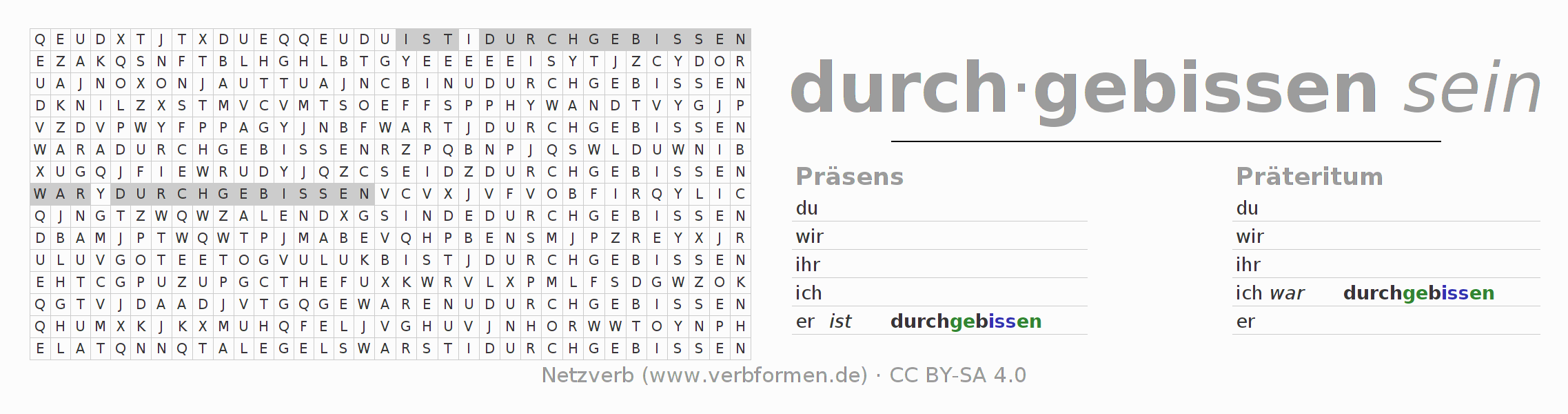Wortsuchrätsel für die Konjugation des Verbs durch-beißen
