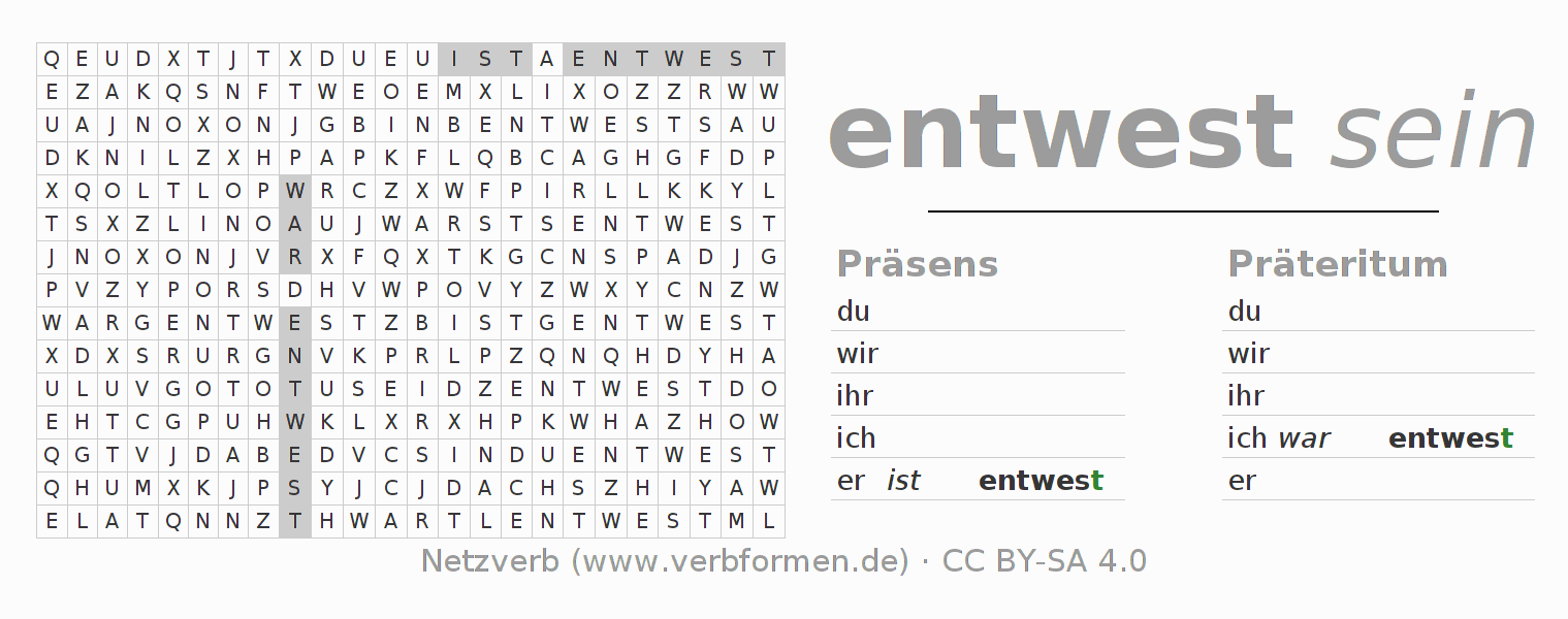 Wortsuchrätsel für die Konjugation des Verbs entwesen