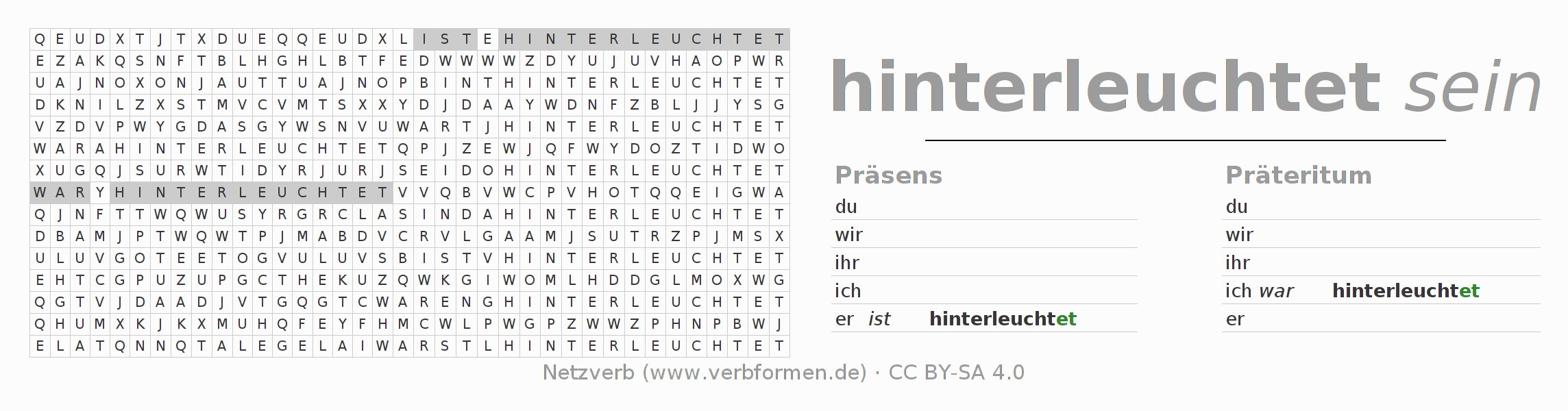 Wortsuchrätsel für die Konjugation des Verbs hinterleuchten