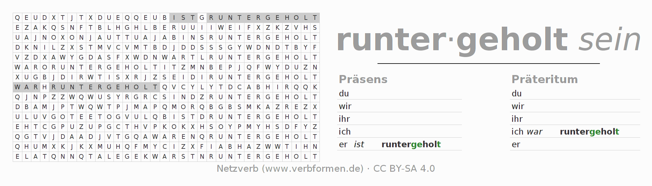 Wortsuchrätsel für die Konjugation des Verbs runterholen