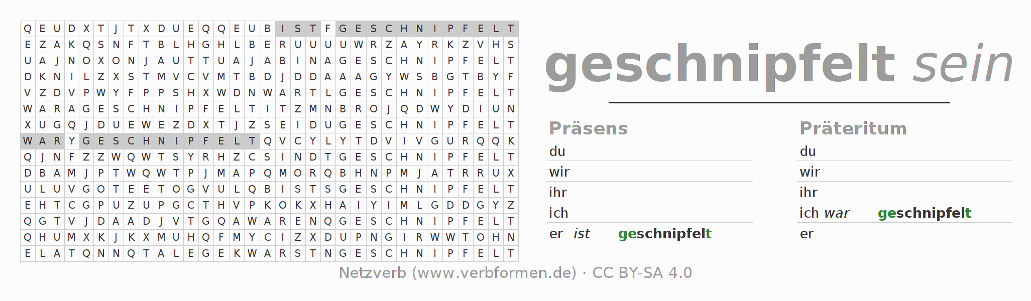 Wortsuchrätsel für die Konjugation des Verbs schnipfeln