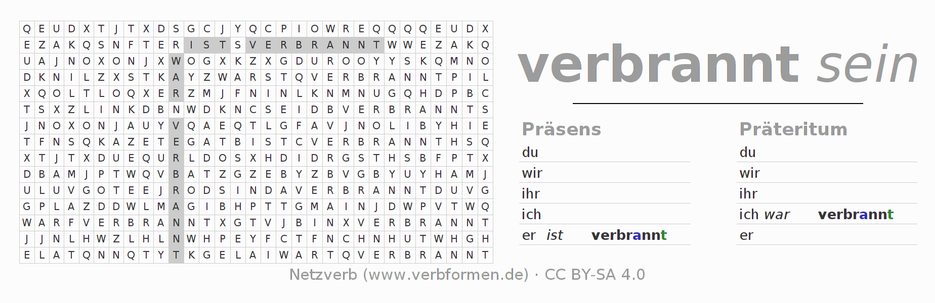 Wortsuchrätsel für die Konjugation des Verbs verbrennen (ist)