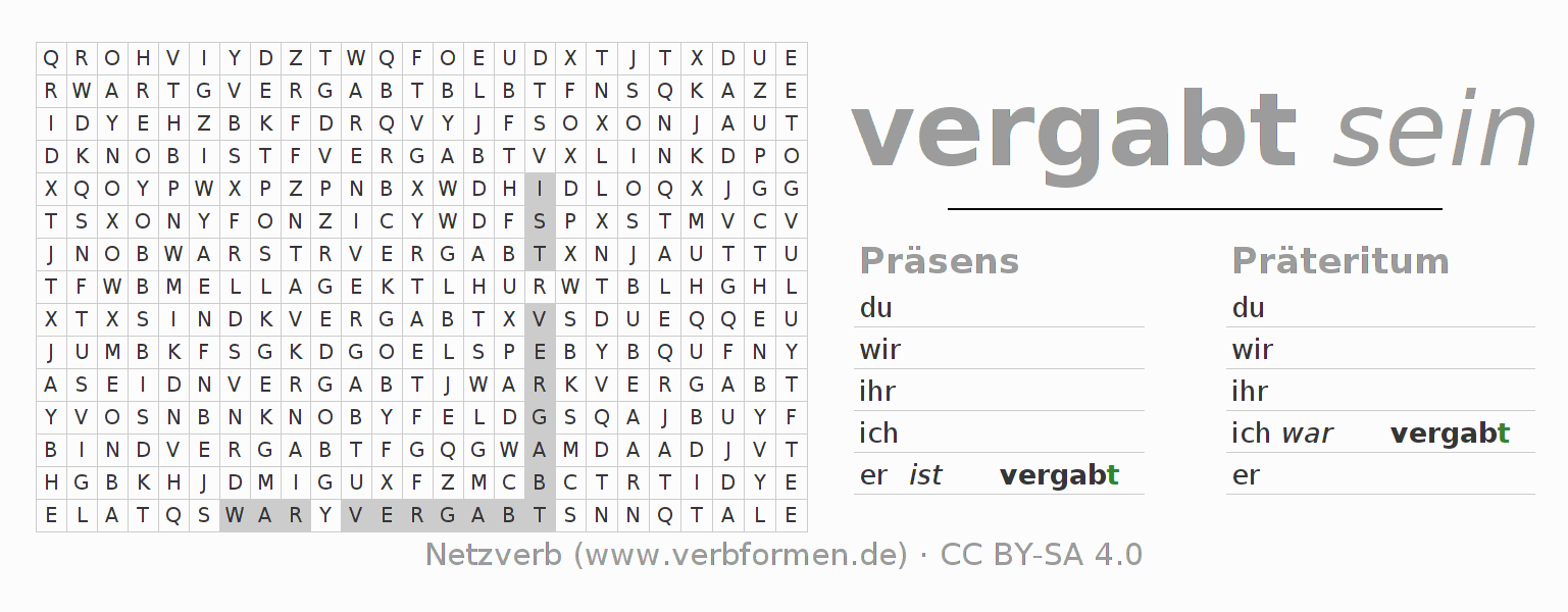 Wortsuchrätsel für die Konjugation des Verbs vergaben