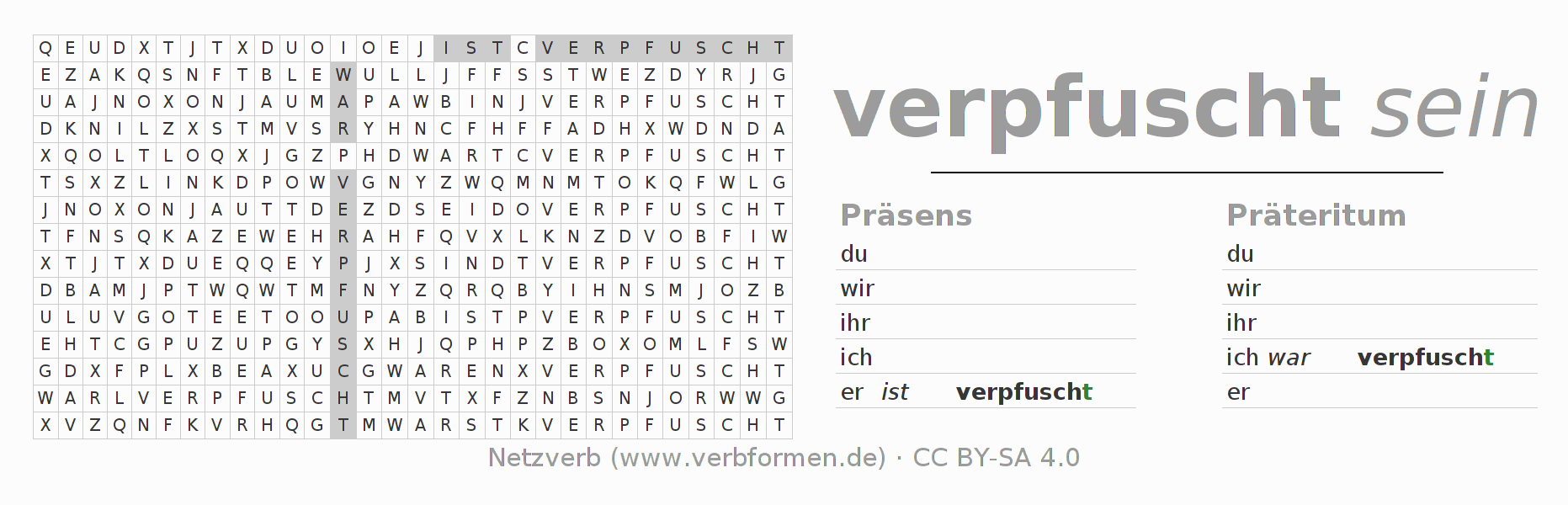 Wortsuchrätsel für die Konjugation des Verbs verpfuschen