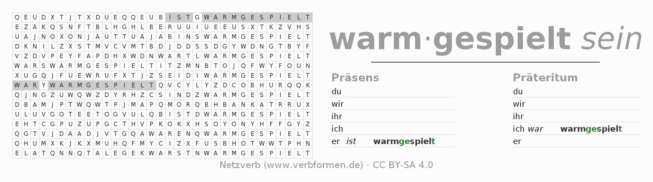 Wortsuchrätsel für die Konjugation des Verbs warmspielen