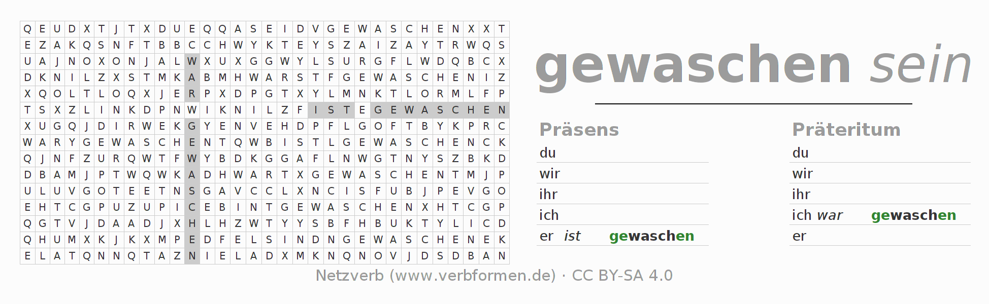 Wortsuchrätsel für die Konjugation des Verbs waschen