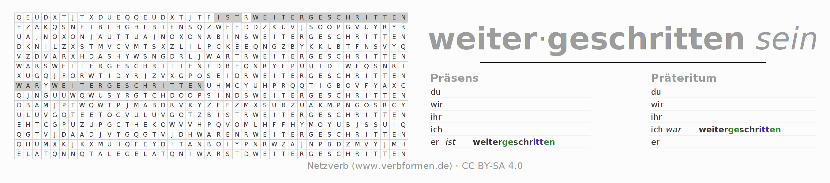Wortsuchrätsel für die Konjugation des Verbs weiterschreiten