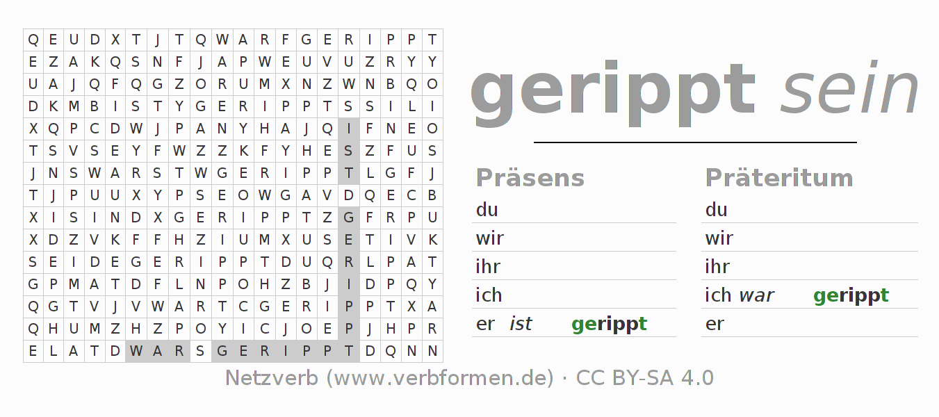 Wortsuchrätsel für die Konjugation des Verbs rippen