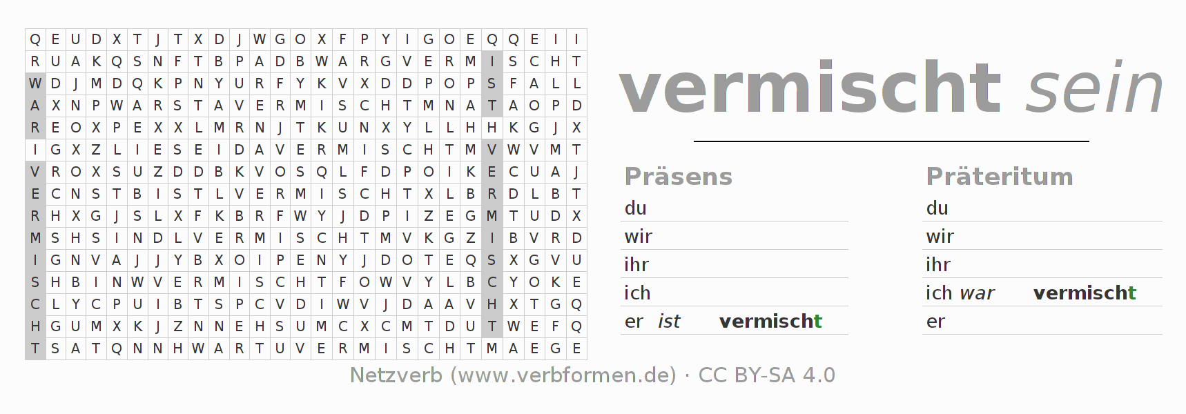 Wortsuchrätsel für die Konjugation des Verbs sich vermischen