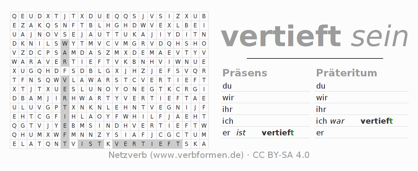 Wortsuchrätsel für die Konjugation des Verbs sich vertiefen