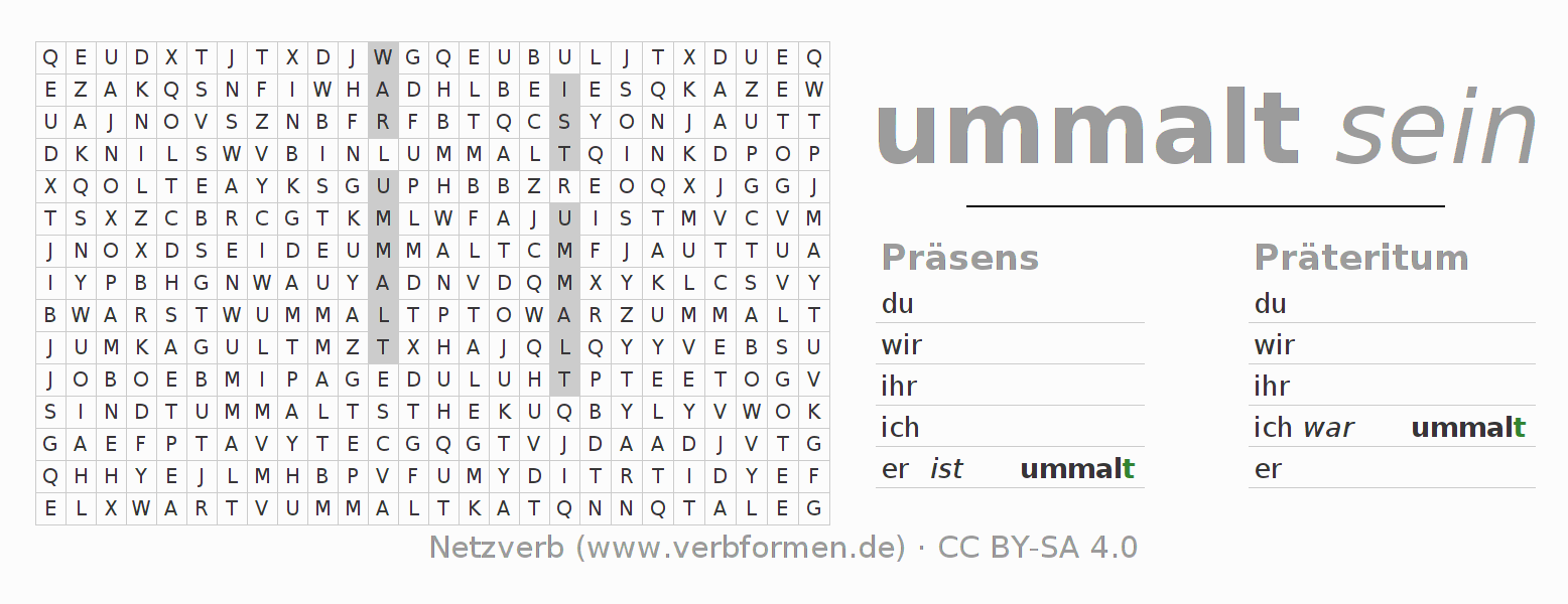 Wortsuchrätsel für die Konjugation des Verbs ummalen