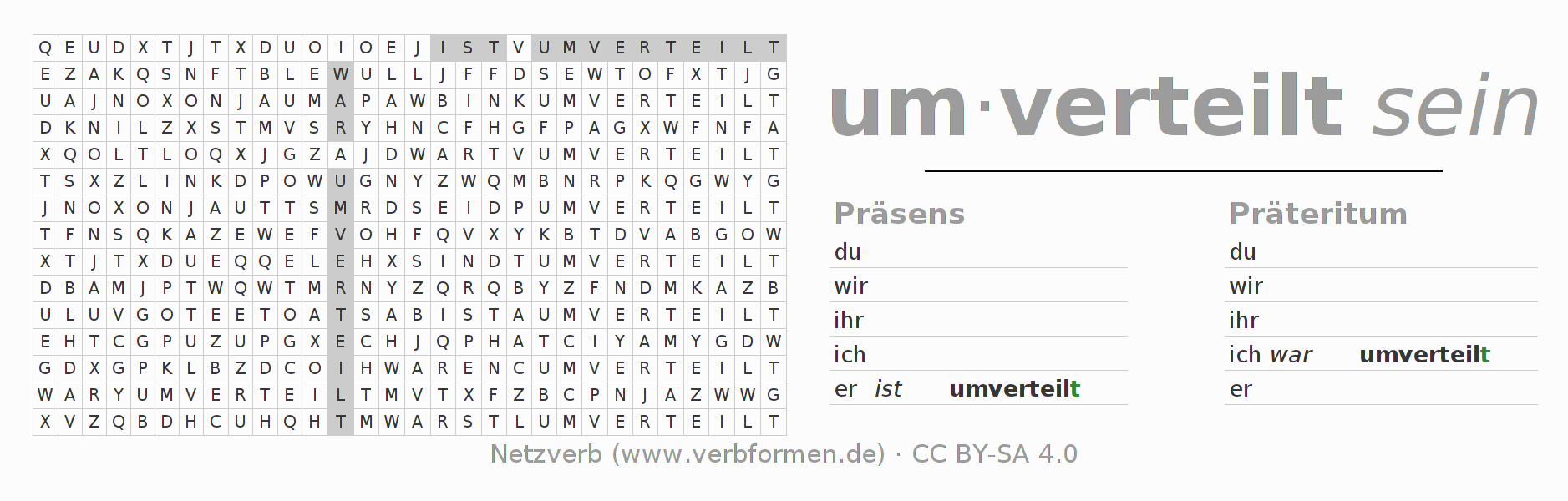 Wortsuchrätsel für die Konjugation des Verbs umverteilen